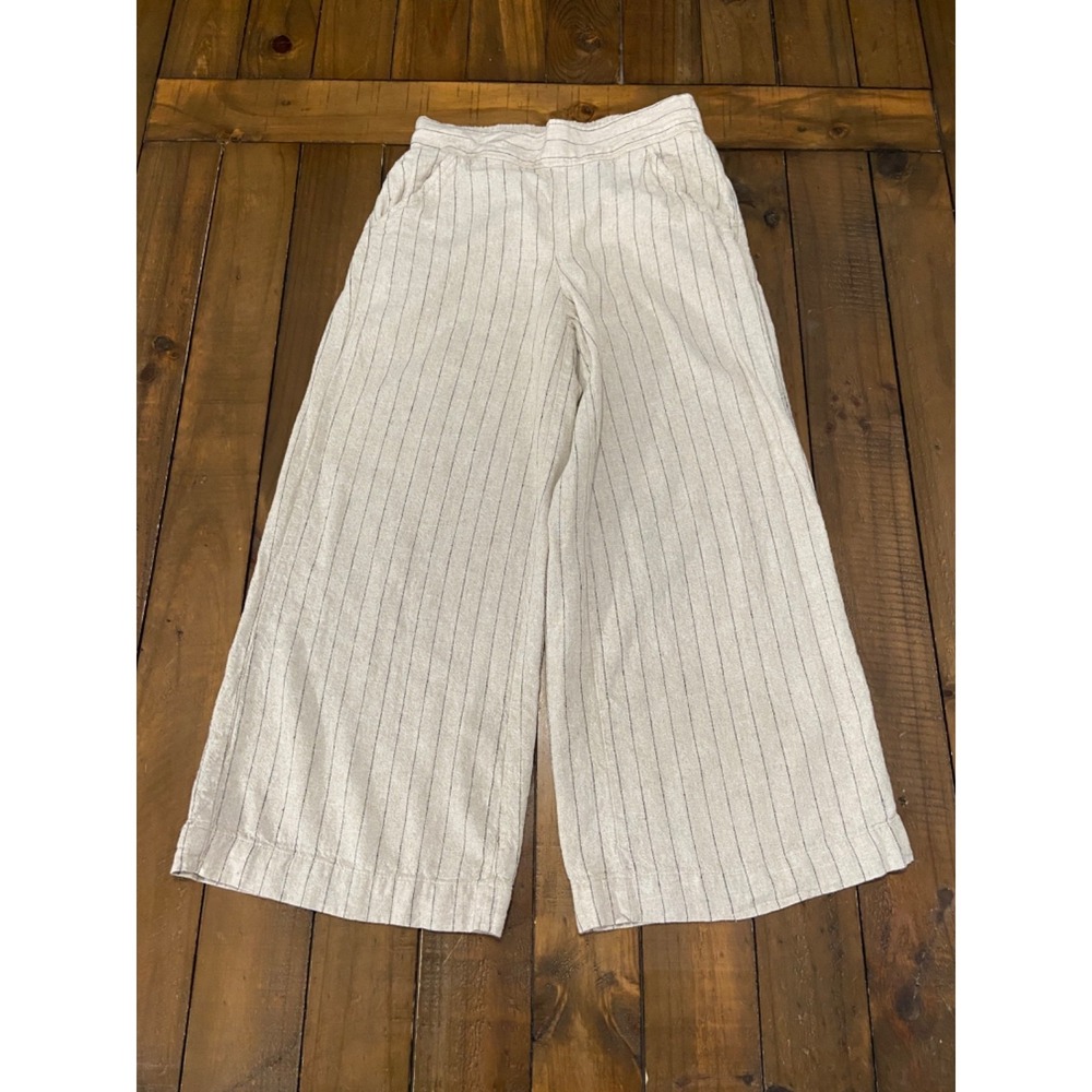 Max Studio Women's Wide Leg Linen Blend Pants XL Beige w/Charcoal Grey Pinstripe